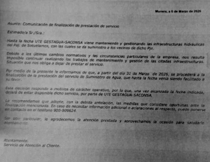 Carta de Gestagua del 6 de marzo de 2026 comunicando el fin del suministro de agua a partir del 31 de marzo